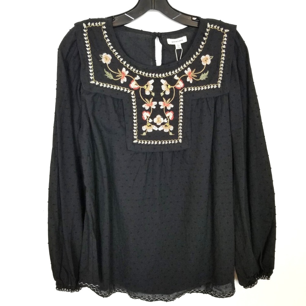 Max Studio Black Floral Embroidered Blouse Top‎  L Black Boho Cotton Long Sleeve